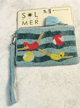 NWT Sol & Mer Beaded Swimmer Beach Scene Wristlet Clutch Bag Purse Blue
